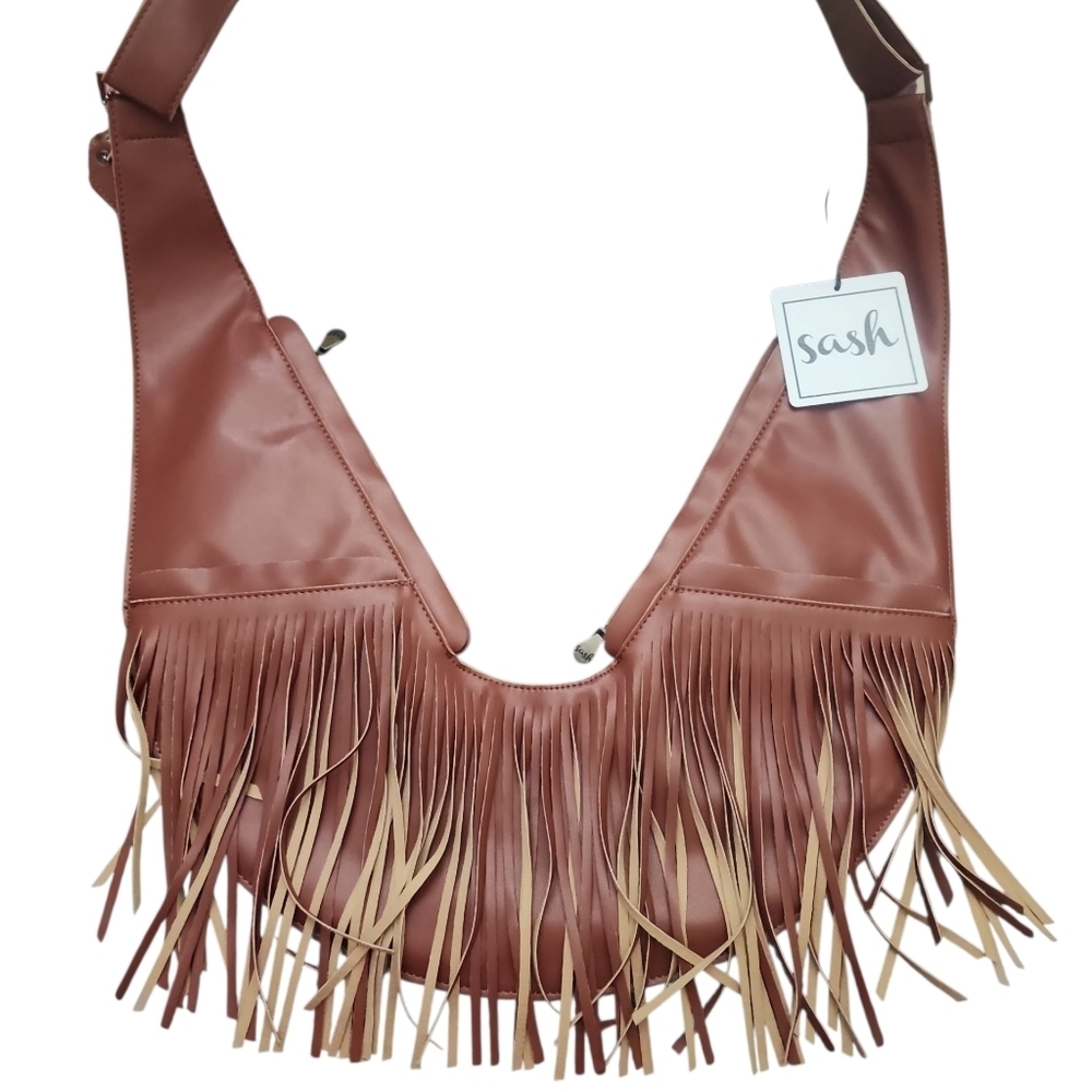 Brown Faux Leather SASH Fringe Crossbody Bag - Picture 10 of 11